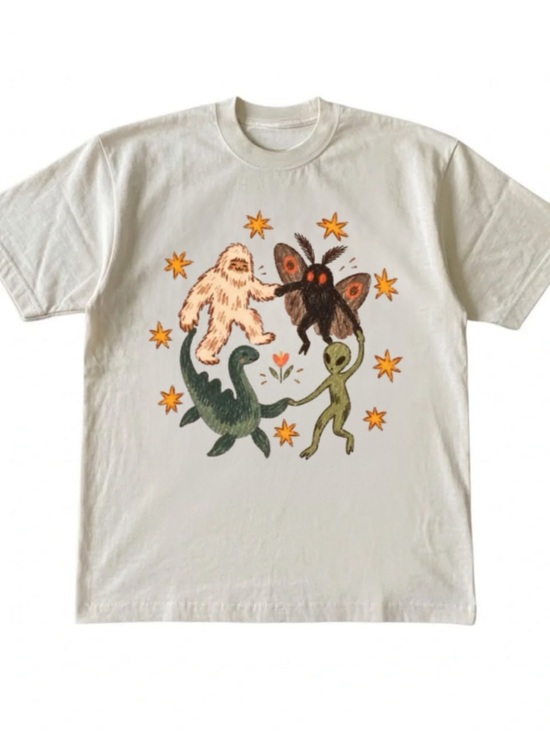 Gildan Tops - Cream Tee with Monster, Moth, Nessie and Alien Graphic